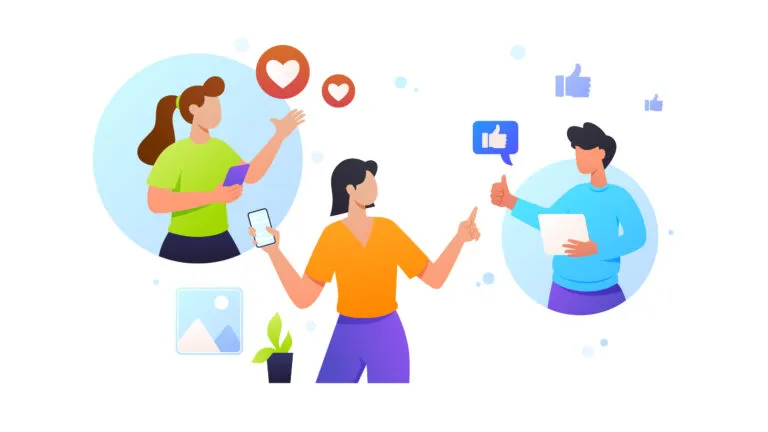 An illustration of a group of people using social media on their phones